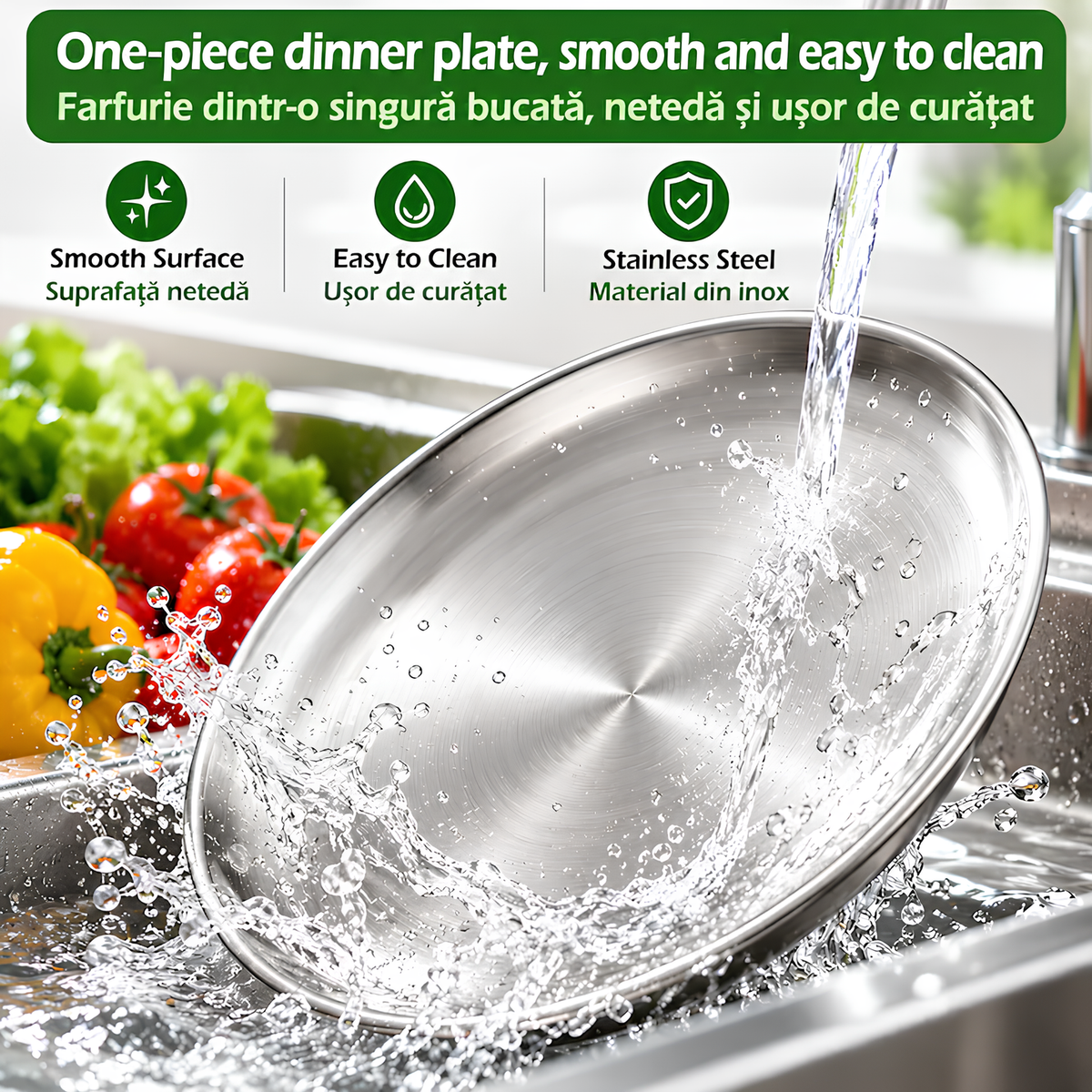Set 4 farfurii intinse din Inox, Margini Netezite, Usor de Curatat, Rezistente si Reutilizabile, Compatibile cu masina de spalat, Argintiu