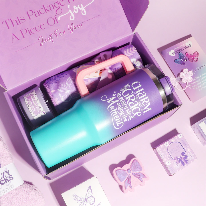Set Cadou pentru Femei NEVERMORE Butterfly Collection, Cana Termos 1200ml cu Pai, Set Spa, Lumanare, Sosete Pufoase, Bila de Baie, Sapun, Prosop Par, Cadou pentru Ea, Ziua Nastere, Craciun, Mama, Sotia, Prietena