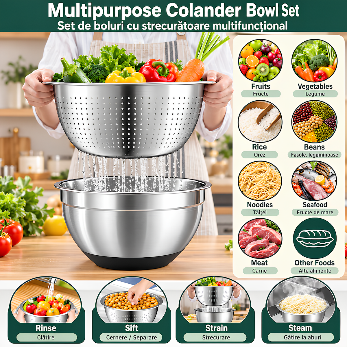 Set 3 Boluri din Inox cu Capace, cu Strecuratoare, Razatoare 4 in 1, 18/22/28 cm, Baza Antiderapanta din Silicon, Argintiu/Negru
