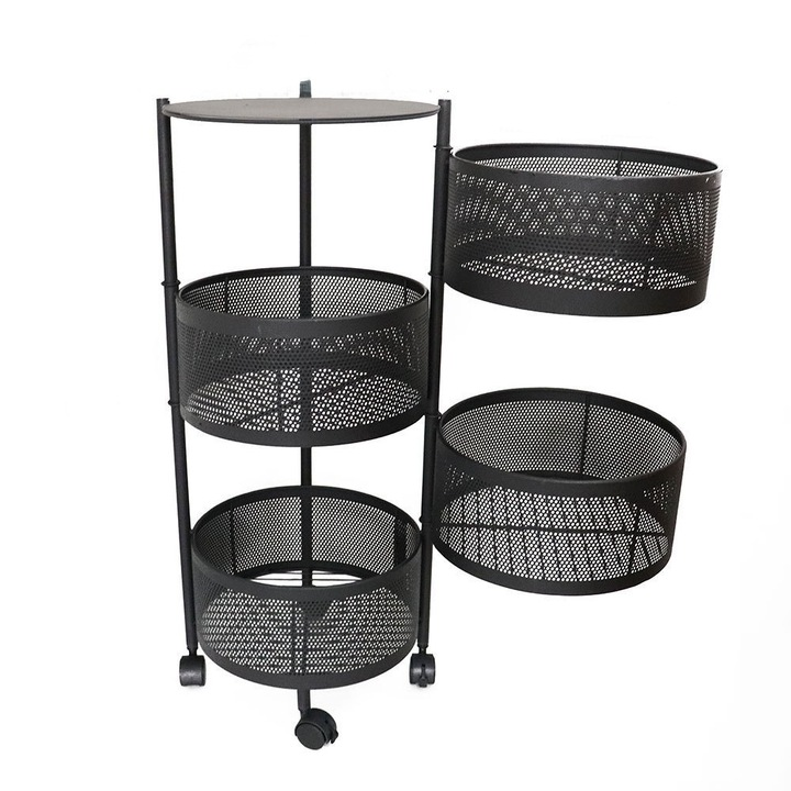 Raft cu roti, NEVERMORE, Pentru Bucatarie, Dormitor, Living, Balcon, Baie, Birou, 4 niveluri, 70cm, Negru