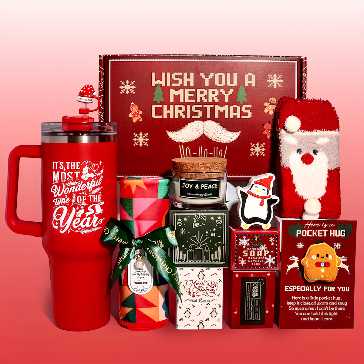 Set Cadou de Craciun, 9 Piese, Cana Termica, Sosete Pufoase, Prosop de Par, Lumanare Parfumata, Sapun, Bomba de Baie, Felicitare si Cutie Cadou, Rosu