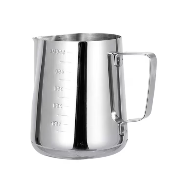 Cana din inox 304 cu gradatie, NEVERMORE, latiera pentru spumare cu maner