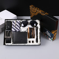 Set cadou pentru barbati 7 piese, NEVERMORE®, Portofel piele ecologica, curea cu catarama metalica, ochelari soare, set de 3 bratari cu design modern, cravata dungi, margele, butoni, cutie Luxury, cadoul ideal/zi de nastere