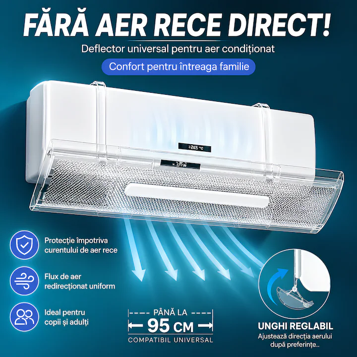 Deflector aer conditionat Universal, 53–95 cm, Reglabil, Anti-Curent, cu Accesorii de Montare Incluse, Transparent