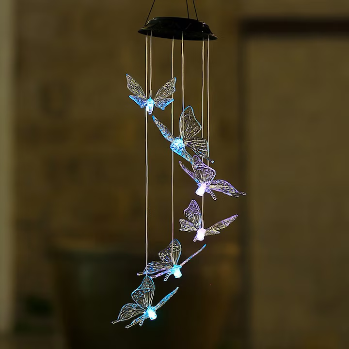 Lampa solara, NEVERMORE, Clopotei de vant, 6 fluturi, Incarcare cu solar, Impermeabil, Multicolor