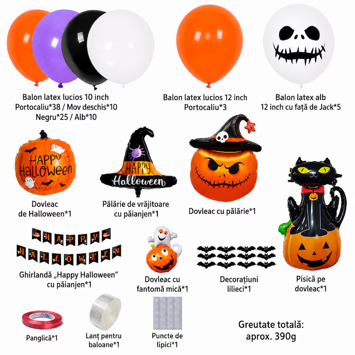 Set baloane si decoratiuni Halloween, 101 piese, baloane latex si folie, banner Happy Halloween, dovleac, pisica, lilieci, accesorii pentru petreceri si decor acasa