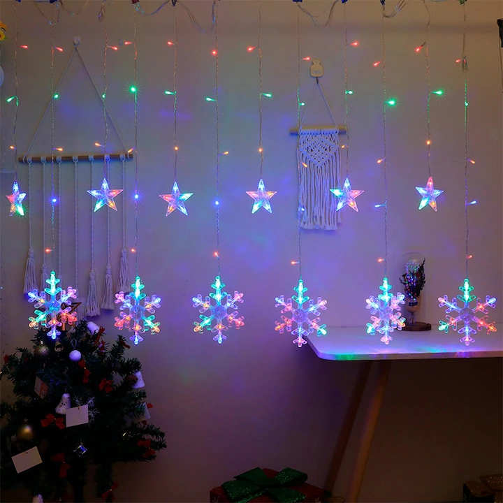 Instalatie de Craciun, Perdea luminoasa, Nevermore®, Fulgi cu stele mici, 3 m, Interconectabila, Multicolor