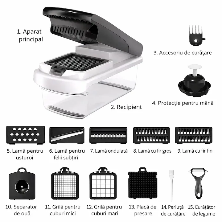 Tocator de Legume 15 in 1, NEVERMORE, Feliator multifunctional, separator de albusuri, maruntitor, feliere, cadou perfect, Lame inox, Alb/Negru
