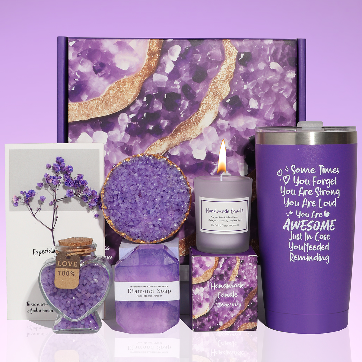 Set cadou spa pentru femei, NEVERMORE, 7 piese Cutie cadou (cu rafie), Ingrijire corp, Cana termos din inox, Bila de Baie, Sare de Baie, Lumanare Parfumata, cadou relaxant pentru Valentine, Ziua Mamei, Craciun, mov