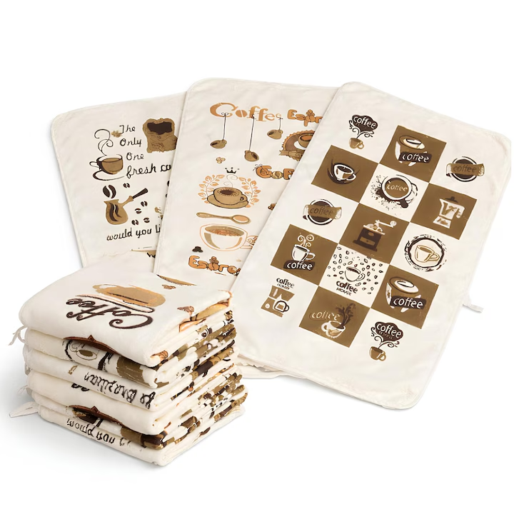 Set 6 Prosoape de bucatarie, NEVERMORE, 40 x 60 cm, Microfibra, Densitate 340g/mp, Model Cafea, prosop maini, Crem/Maro