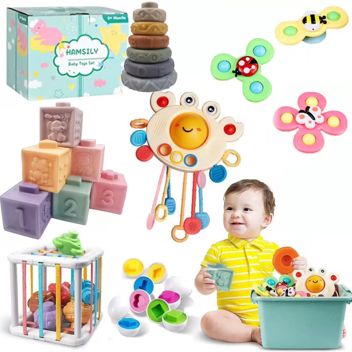 Set jucarii educative pentru Bebelusi, NEVERMORE, Montessori, Educationala, dezvoltare senzoriala, dentitie, 6 luni+, Multicolor