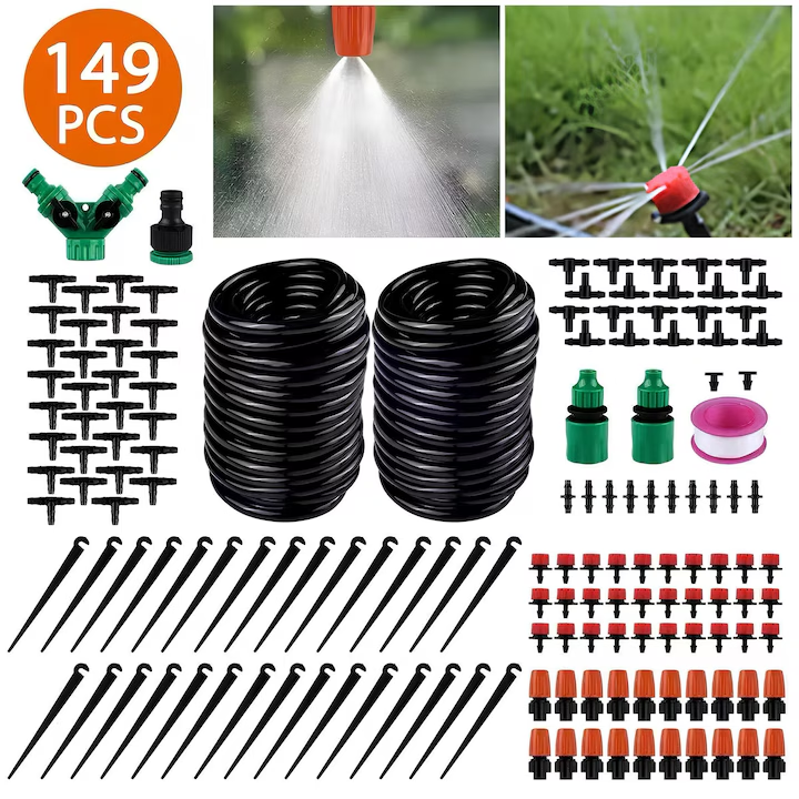 Set irigare prin picurare pentru gradina, 149 piese, NEVERMORE, 2 x 15m, economie de apa, reglabil, Multicolor