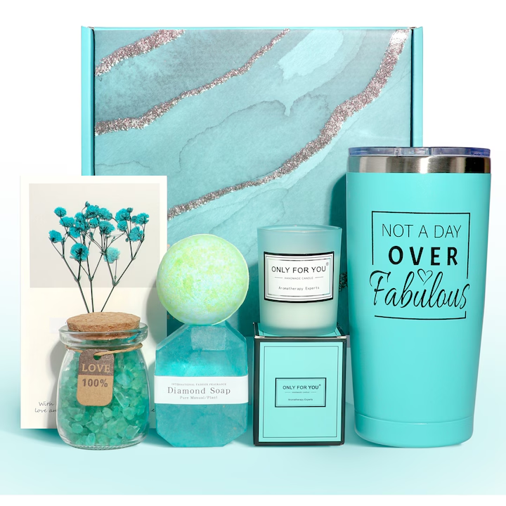 Set cadou spa pentru femei, NEVERMORE, 7 piese Cutie cadou (cu rafie), Ingrijire corp, Cana termos din inox, Bila de Baie, Sare de Baie, Lumanare Parfumata, cadou relaxant pentru Valentine, Ziua Mamei, Craciun, albstru