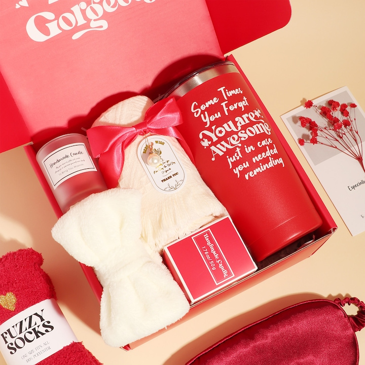 Set cadou spa pentru femei, NEVERMORE, 10 piese Cutie cadou, Ingrijire corp, Cana termos din inox, Bila de Baie, Sare de Baie, Sosete, Bratara, Lumanare Parfumata, cadou relaxant pentru Valentine, Ziua Mamei, Craciun, rose