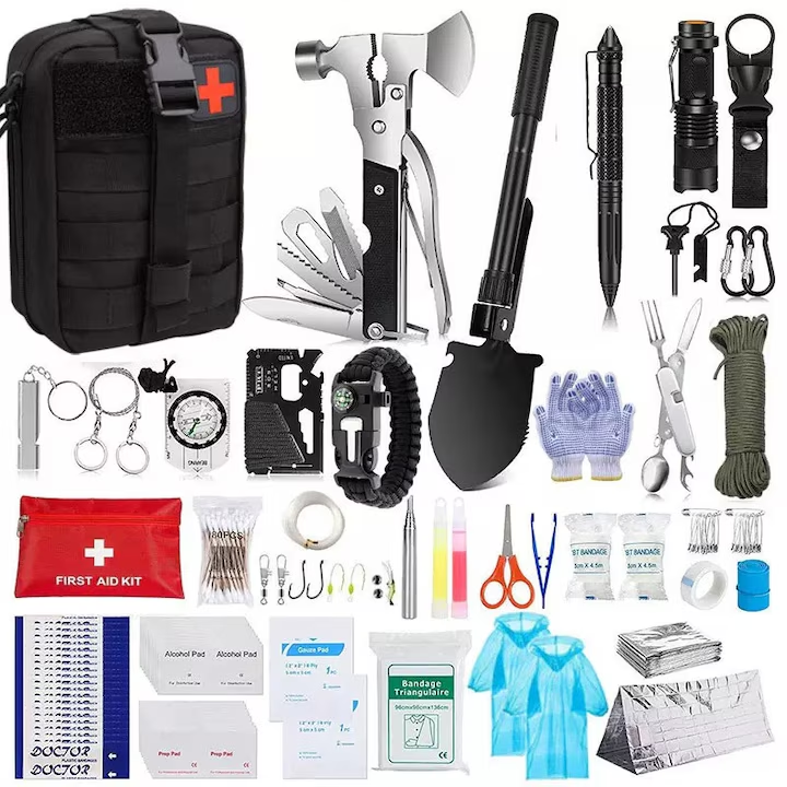 Kit complet supravietuire 35 in 1, Trusa Prim Ajutor, Topor Multifunctional, Lopata Pliabila, Lanterna, Busola, Patura de Urgenta, Pentru Camping, Drumetii si Pescuit, Cadou perfect