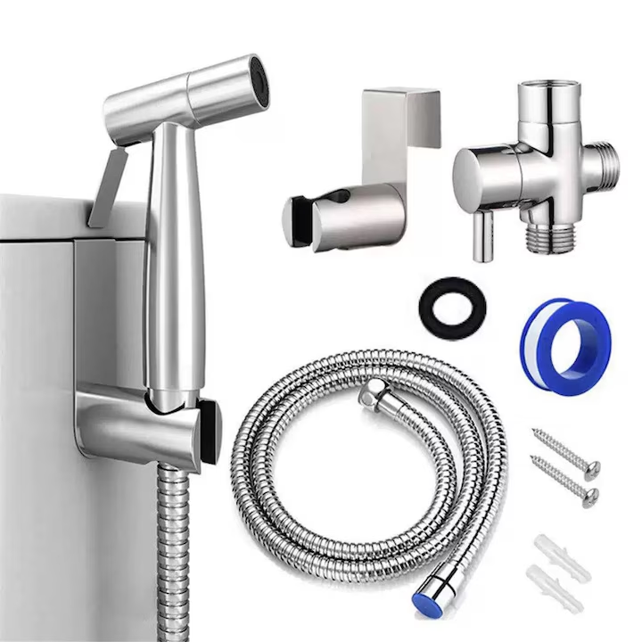 Set Dus Igienic Bidet, NEVERMORE, Presiune Reglabila, Otel Inoxidabil, Pentru Toaleta si Igiena Intima, Cu Baterie, Par, Furtun si Suport, Argintie