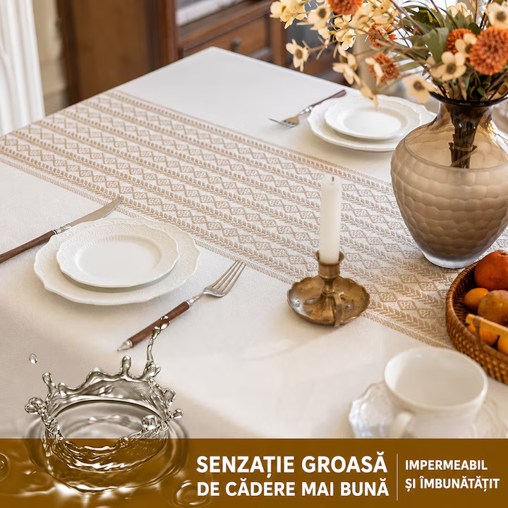 Fata de masa Premium, NEVERMORE, Design Rustic Elegant, Rezistenta la Pete, 140 × 220 cm, Crem/Maro