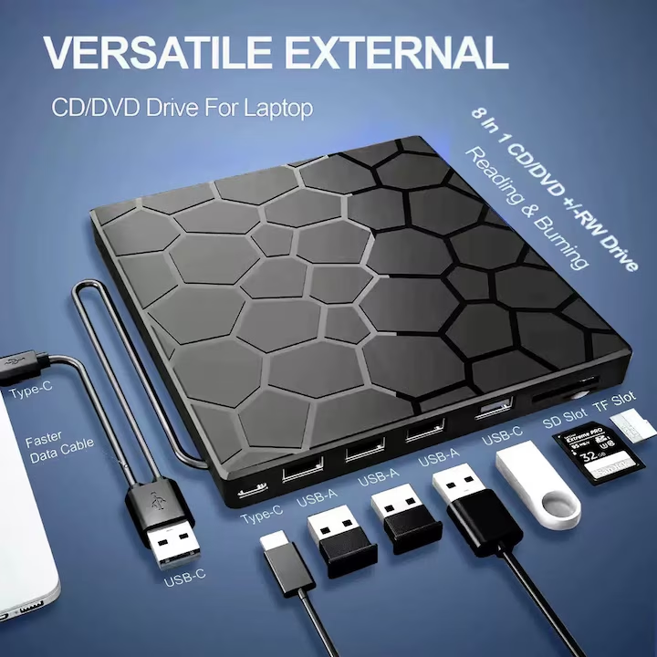 DVD Writer Extern, NEVERMORE, Cablu USB 3.0/Type-c, CD, DVD +/-, RW, 3x USB-A 2.0, 1x USB-C 3.0, Cititor De Carduri TF SD, Compatibil laptop, PC, desktop, Mac Os, Windows 11/10/8/7, Linux OS, Negru