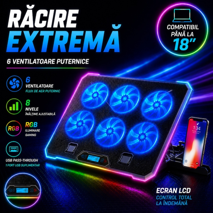 Cooler Laptop Gaming RGB cu 6 Ventilatoare Puternice si Silentioase cu Viteza Ajustabila, 7 Efecte de Iluminare, Ecran LCD, 8 Trepte de Inaltime, USB Pass-Through, Suport Telefon, pentru Birou, Calatorii, Negru