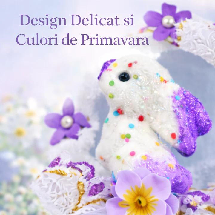 Decoratiune suspendata de Paste cu iepuras, NEVERMORE, Coronita decorativa cu flori, Ornament pentru usa sau perete, Decor festiv Paste, 30 x 15 cm