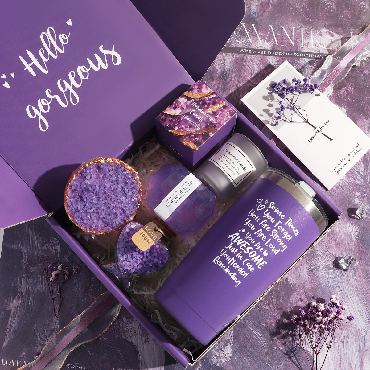 Set cadou spa pentru femei, NEVERMORE, 7 piese Cutie cadou (cu rafie), Ingrijire corp, Cana termos din inox, Bila de Baie, Sare de Baie, Lumanare Parfumata, cadou relaxant pentru Valentine, Ziua Mamei, Craciun, mov