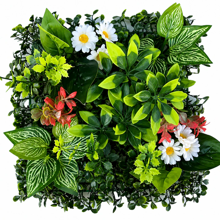 Panou decorativ din plante artificiale, cu gazon, NEVERMORE, perete verde decor, 25x25cm, Verde/Rosu