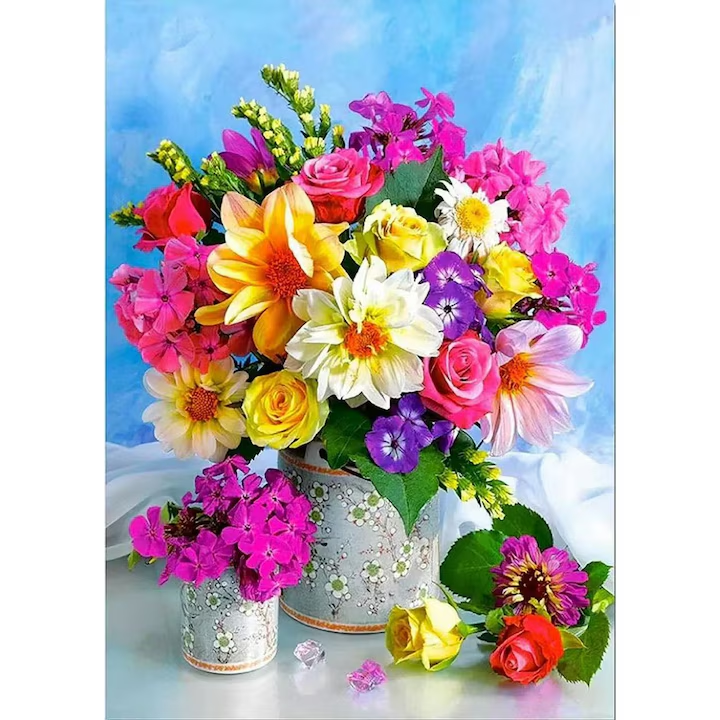 Set pictura pe numere - panza pe rama lemn 40x50 cm, Flori, NEVERMORE®, tablou cu schita, 3 pensule si vopsea acrilica