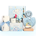Set cadou nou nascut, NEVERMORE, Cutie Cadou Premium, Lampa LED Acrilica, Cana 300ml, Patura Flanel, Bavetica, Lantisor Suzeta, Jucarie Elefant, Card Cadou