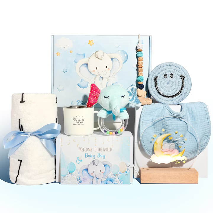 Set cadou nou nascut, NEVERMORE, Cutie Cadou Premium, Lampa LED Acrilica, Cana 300ml, Patura Flanel, Bavetica, Lantisor Suzeta, Jucarie Elefant, Card Cadou