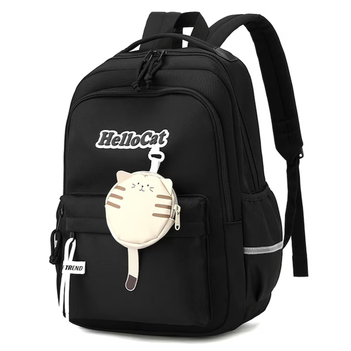 Ghiozdan scoala, NEVERMORE, Logo Hello Cat, Rezistent la apa, Nylon, 44 x 28 x 13 cm