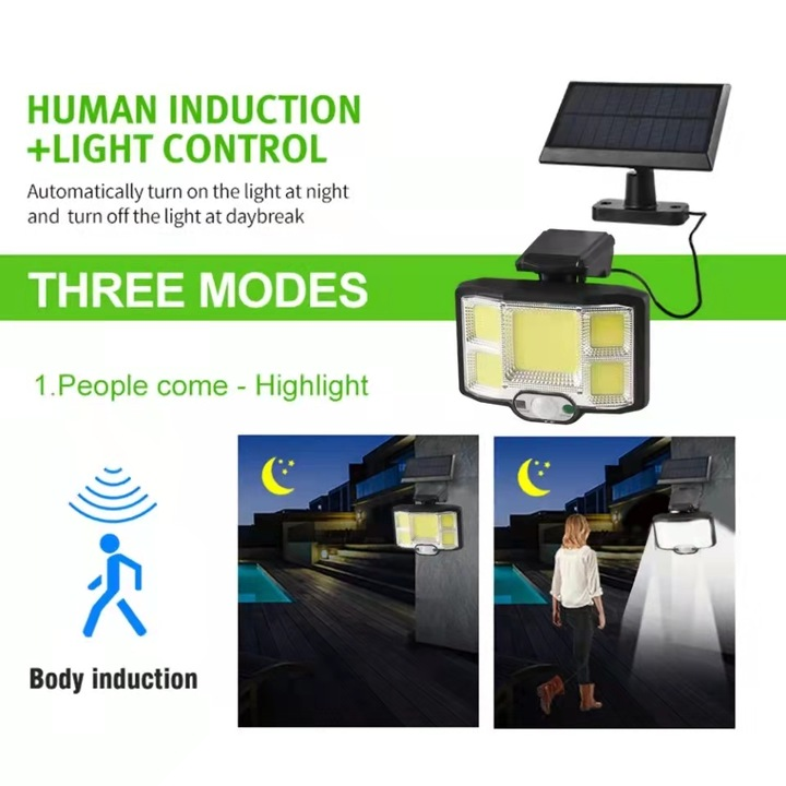 Lampa Solara, Nevermore, 168COB, corp iluminat exterior, cu incarcare solara, panou fotovoltaic, cu senzor de miscare si telecomanda