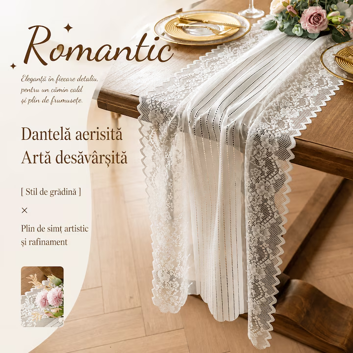 Fata de Masa, Traversa de Masa, Dantela Eleganta, Runner Decorativ Vintage din Poliester, Model Floral, pentru Living, Bucatarie, Nunta si Decorul Mesei, Alb