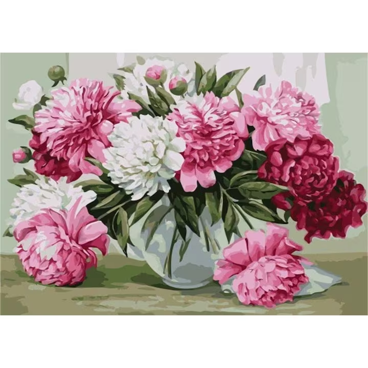 Set pictura pe numere - panza pe rama lemn 40x50 cm, Crizantema, NEVERMORE® 273, tablou cu schita, 3 pensule si vopsea acrilica