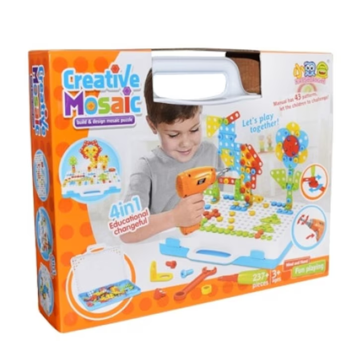 Jucarie educativa si interactiva, NEVERMORE, set bormasina cu 237 piese, cadou pentru copii cu varsta cuprinsa intre 3-10 ani, Multicolor
