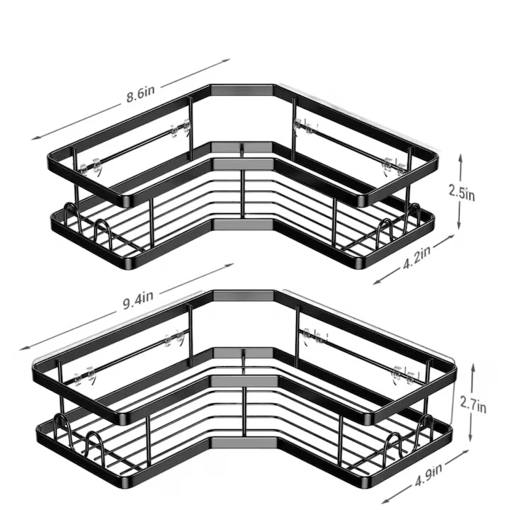 Set 2 Raft de Dus Organizator Baie, Etajera de Colt Pentru Baie, Din Otel Inoxidabil, cu 4 Carlige 4 Adezivi si 2 Cutii de Depozitare, Fara Gaurire, Negru Mat