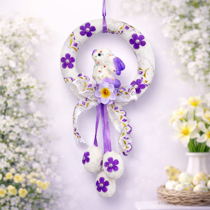 Decoratiune suspendata de Paste cu iepuras, NEVERMORE, Coronita decorativa cu flori, Ornament pentru usa sau perete, Decor festiv Paste, 30 x 15 cm