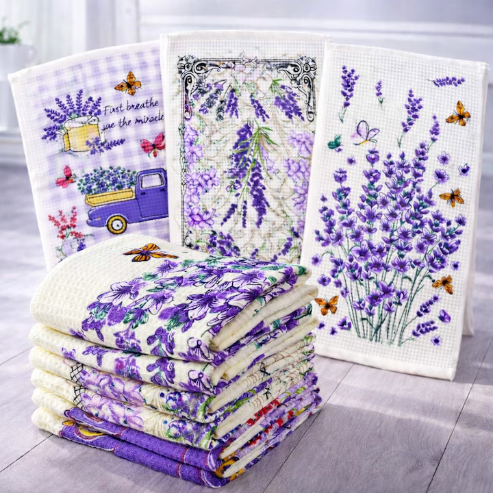 Set 6 Prosoape de bucatarie, NEVERMORE, 40 x 60 cm, Design Lavanda, Bumbac, Densitate 400g/mp, Lavanda