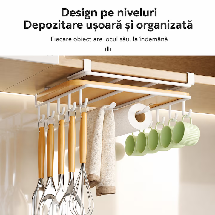 Suport Suspendat pentru Ustensile de Bucatarie, Montare Sub Polita, Organizator bucatarie, cu Carlige, Suport pentru Prosoape si Cani, 25x25x9.7cm, Alb