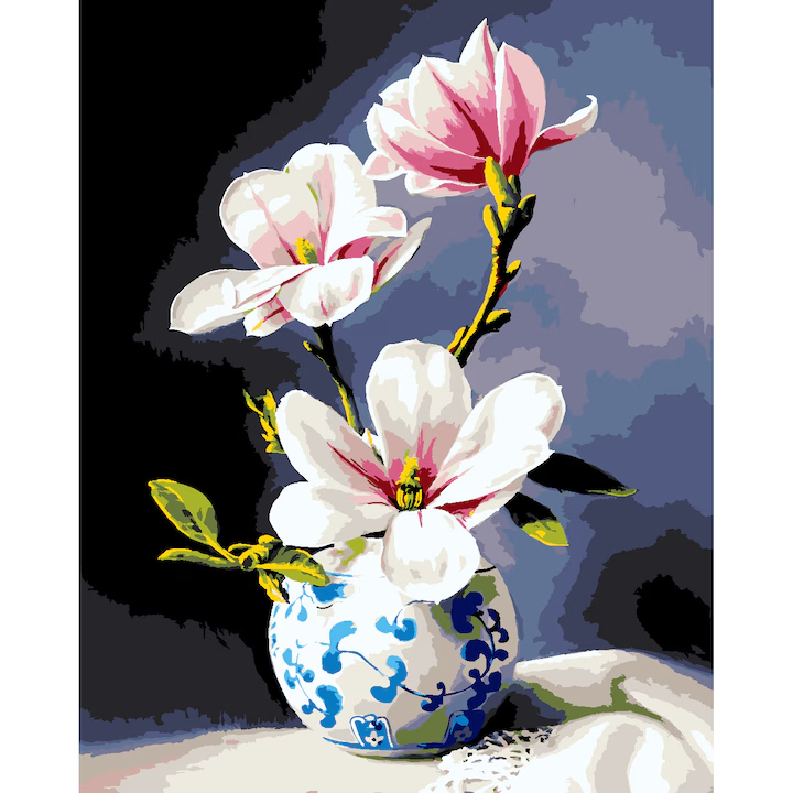 Set pictura pe numere - panza pe rama lemn 40x50 cm, floare, NEVERMORE® 273, tablou cu schita, 3 pensule si vopsea acrilica
