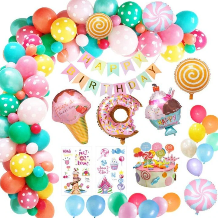 Set baloane si decoratiuni aniversare copii NEVERMORE, pentru petrecerea copiilor cu tematica dulciuri, 54 piese, Multicolor