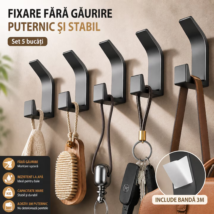 Set 5 Cuiere Adezive de Perete, Carlige Adezive Fara Gaurire, Autoadezive cu Banda 3M, Rezistente la Apa, ABS, pentru Baie, Bucatarie si Hol, Negru