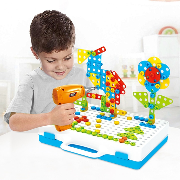 Jucarie educativa si interactiva, NEVERMORE, set bormasina cu 237 piese, cadou pentru copii cu varsta cuprinsa intre 3-10 ani, Multicolor