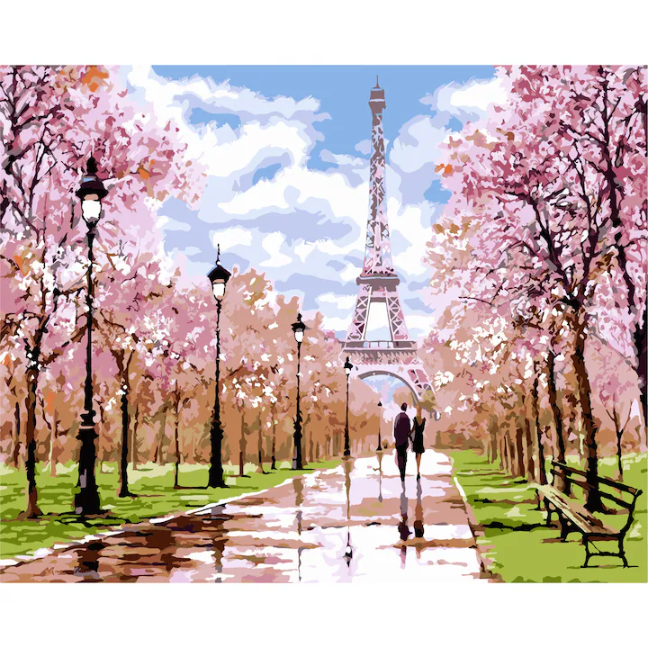Set pictura pe numere - panza pe rama lemn 40x50 cm, Turnul Eiffel si florile de cires, NEVERMORE®, tablou cu schita, 3 pensule si vopsea acrilica