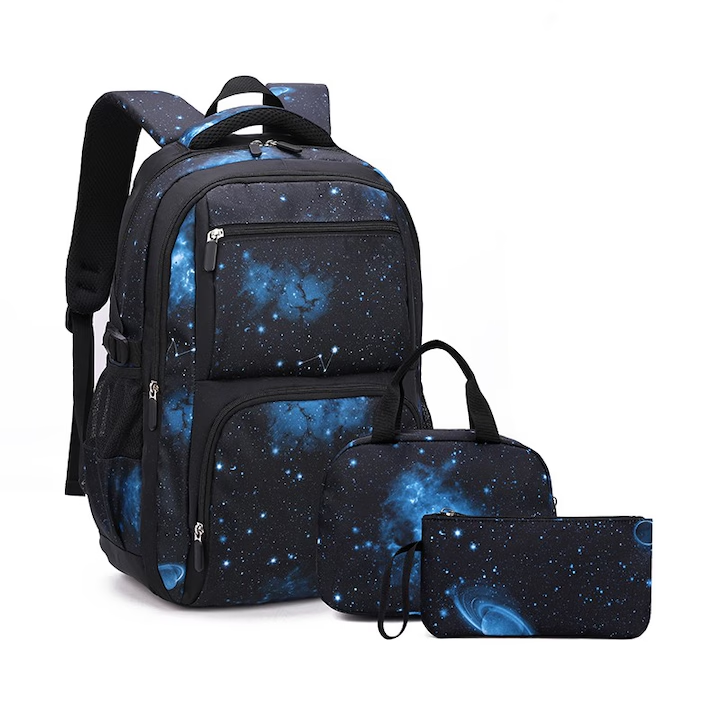 Set ghiozdan Scoala Penar si Geanta, NEVERMORE, Imprimeu cu cerul instelat, Rezistent, 46 x 30 x 22 cm, Negru cu albastru