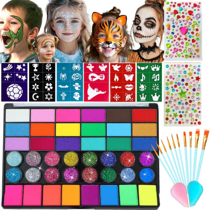 Set profesional, pictura pe fata si corp, copii si adulti, 42 culori, 10 pensule, sabloane, sticker, vopsea pe baza de apa, non-toxic, 3 ani +