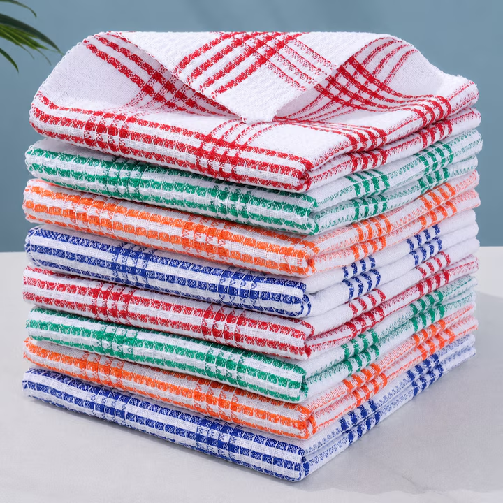 Set 12 prosoape de bucatarie din bumbac, 30 x 30 cm, model in carouri, absorbante si reutilizabile, pentru vase, maini si curatenie, Multicolor