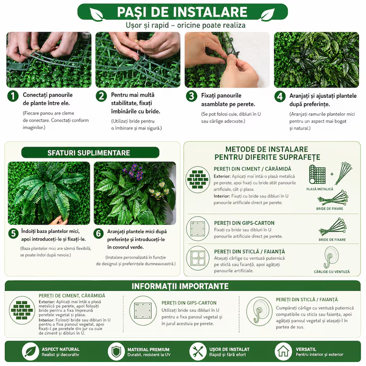 Panou decorativ din plante artificiale, cu gazon, NEVERMORE, perete verde decor, 25x25cm, Verde/Rosu