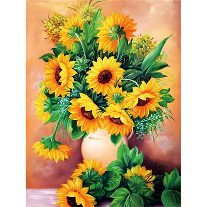 Set pictura pe numere - panza pe rama lemn 40x50 cm, Floarea soarelui, NEVERMORE®, tablou cu schita, 3 pensule si vopsea acrilica