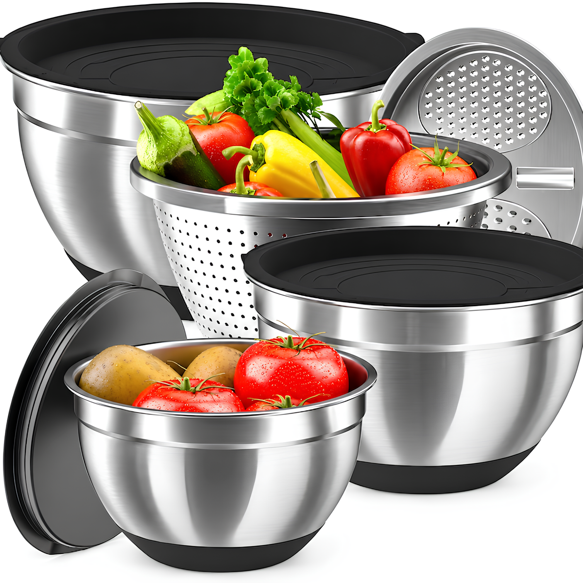 Set 3 Boluri din Inox cu Capace, cu Strecuratoare, Razatoare 4 in 1, 18/22/28 cm, Baza Antiderapanta din Silicon, Argintiu/Negru