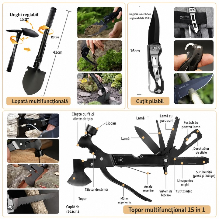 Set Supravietuire 43 in 1, Trusa Prim Ajutor, Cadou pentru Barbati, Tata, Sot sau Iubit, Topor Multifunctional, Lopata Pliabila, Lanterna, Busola, Pentru Camping, Drumetii si Pescuit